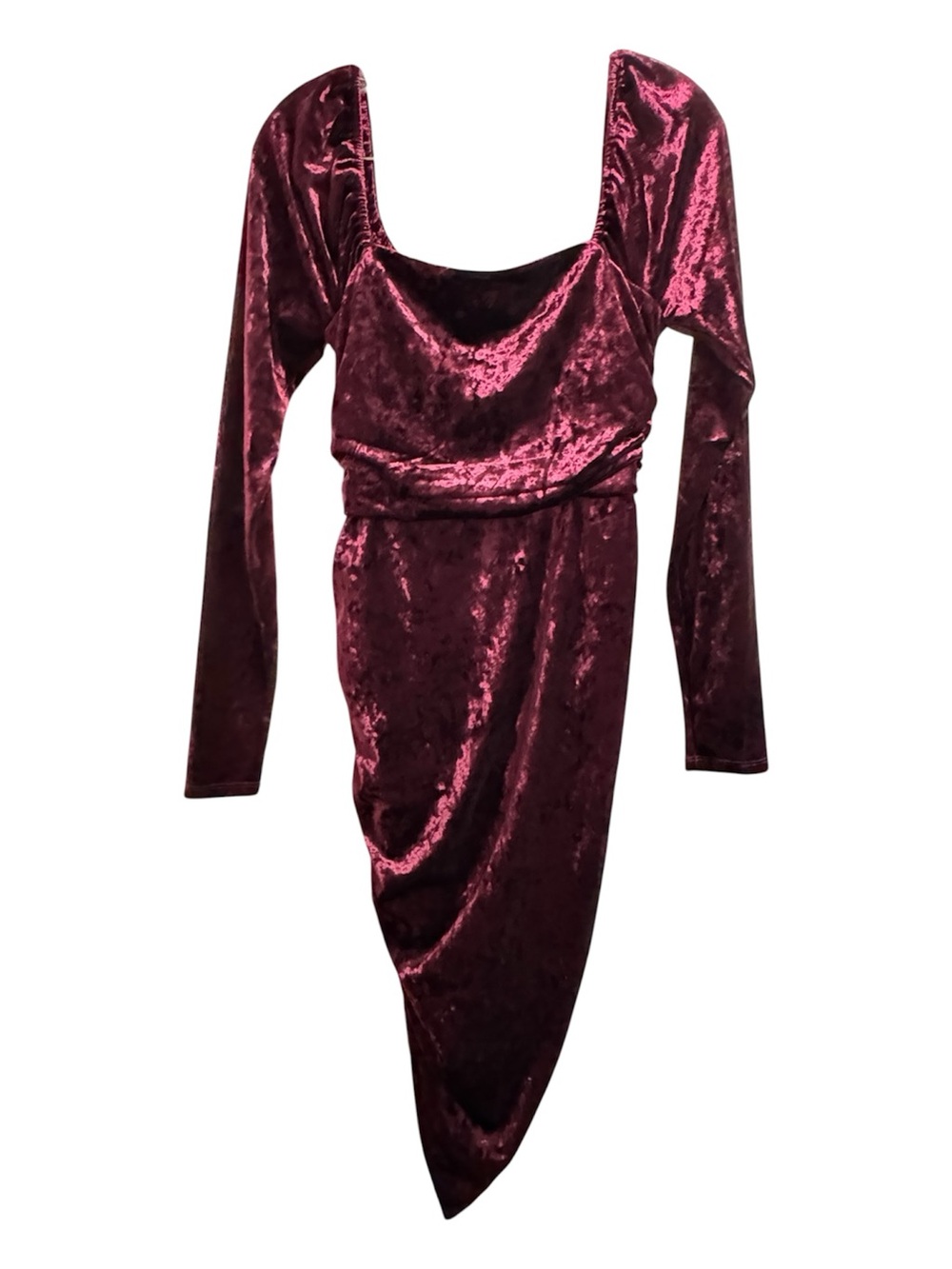 BCBGeneration Burgundy Crushed Velvet Ruched Asymmetrical Midi Dress Size 2